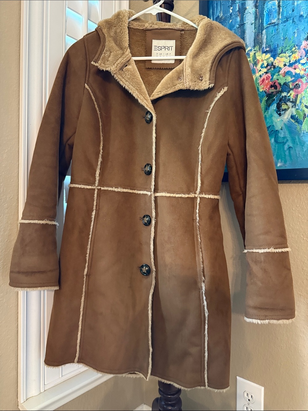 Esprit Tan/Brown Shearling-Trim Hooded Trench Coat